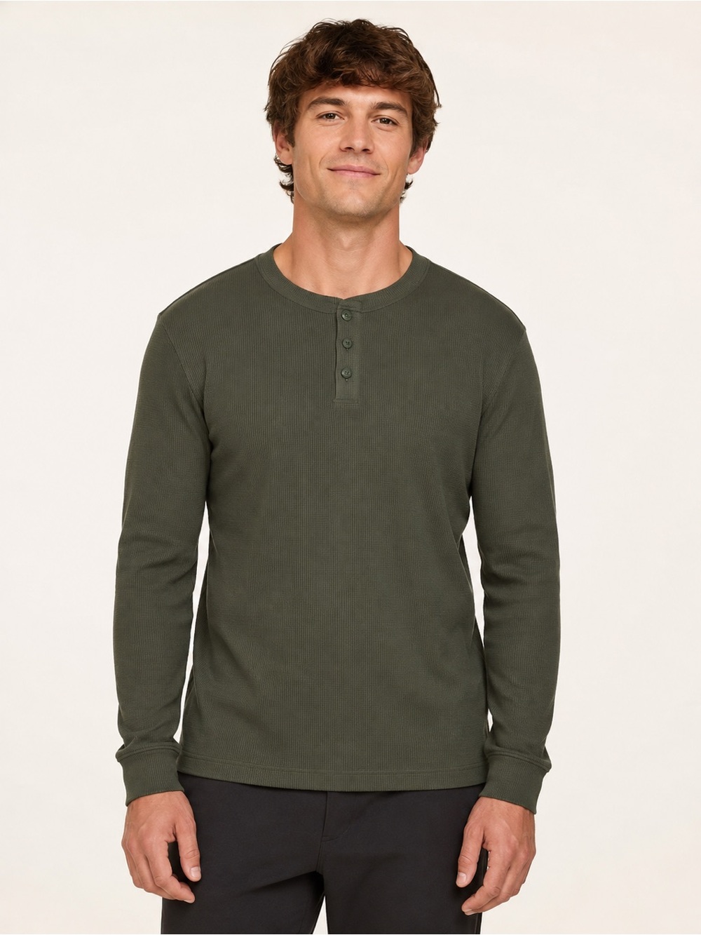 Cozy Earth Men's Olive Long-Sleeve Waffle Knit Henley Shirt NWT BAMBOO STRETCH